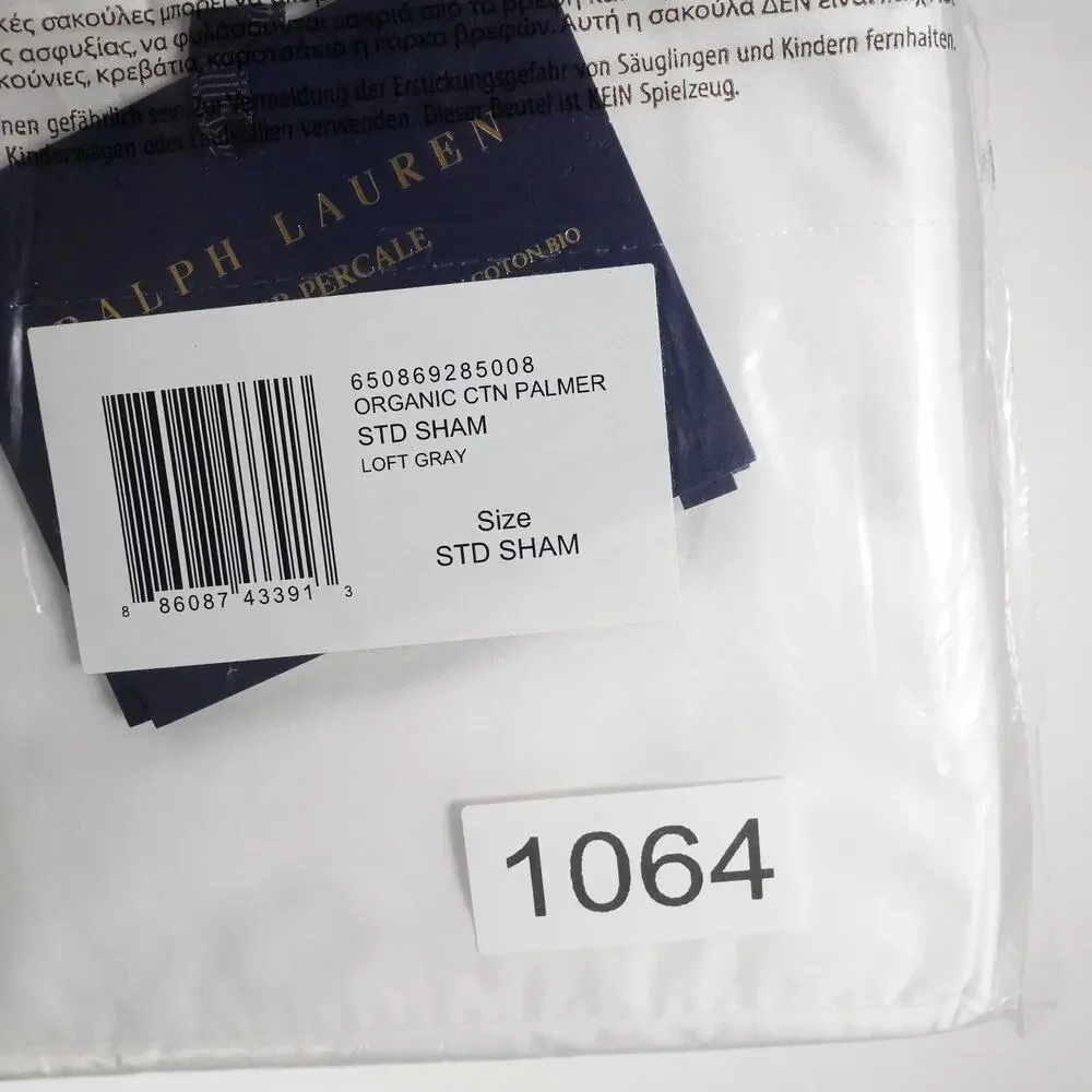 New Ralph Lauren Organic Cotton Palmer Percale One Standard Sham Loft Gray 1064